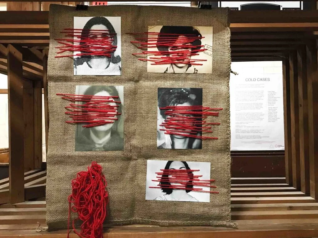 2018 at Brighton Photo Festival.
Found photography, yarn, sackcloth.