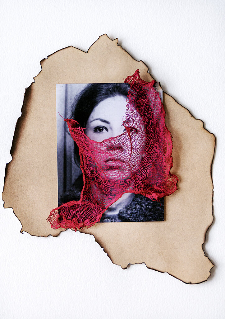 2020, found photography, textile, burned tea-stained paper.