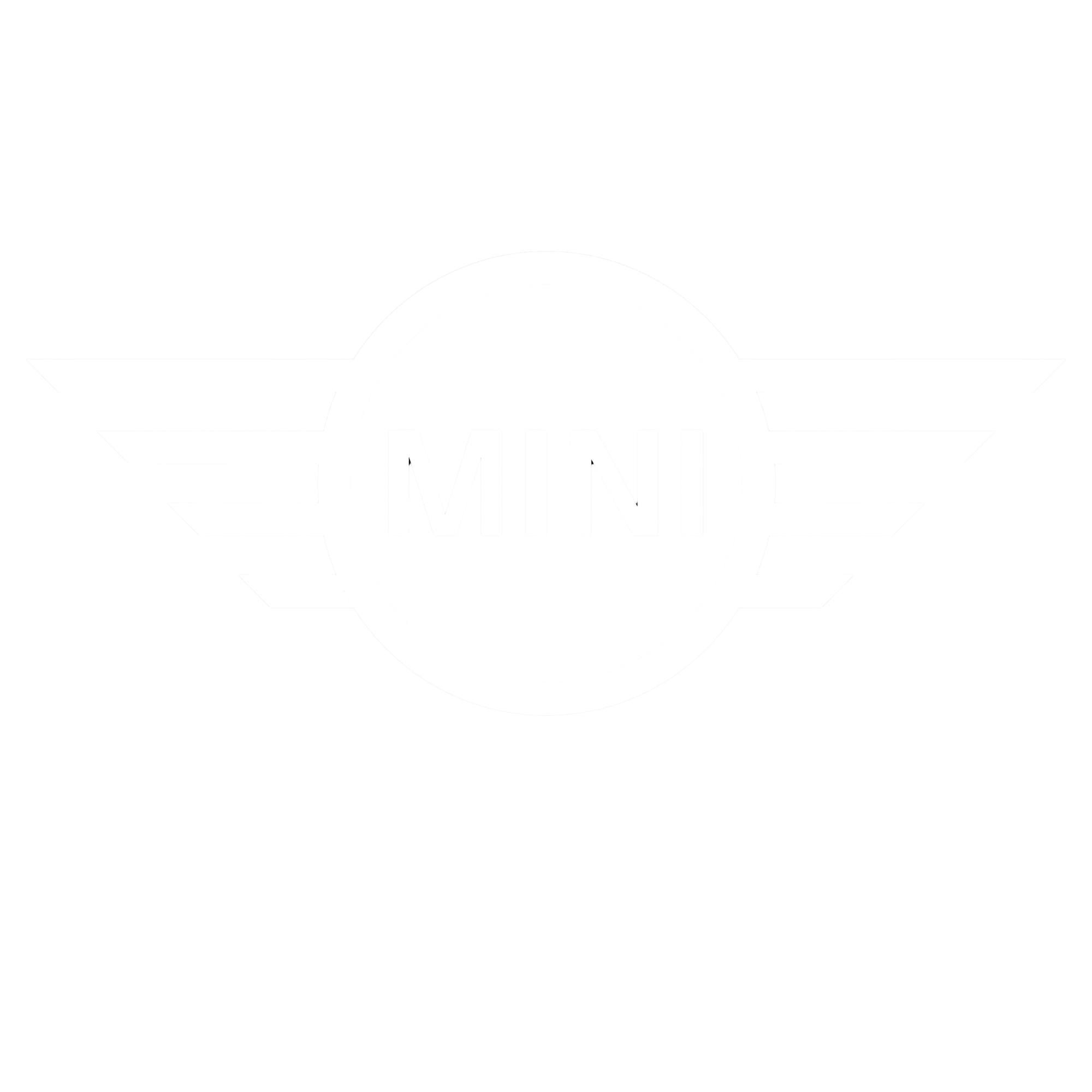 Black and white logo of Mini Cooper, featuring the word 'MINI' inside a circle with horizontal stripes extending from the sides.