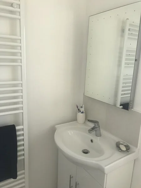 White bathroom sink with a mirror above, a small cup holding pens, a bar of soap on the sink, and a towel on a heated towel rack next to the sink.