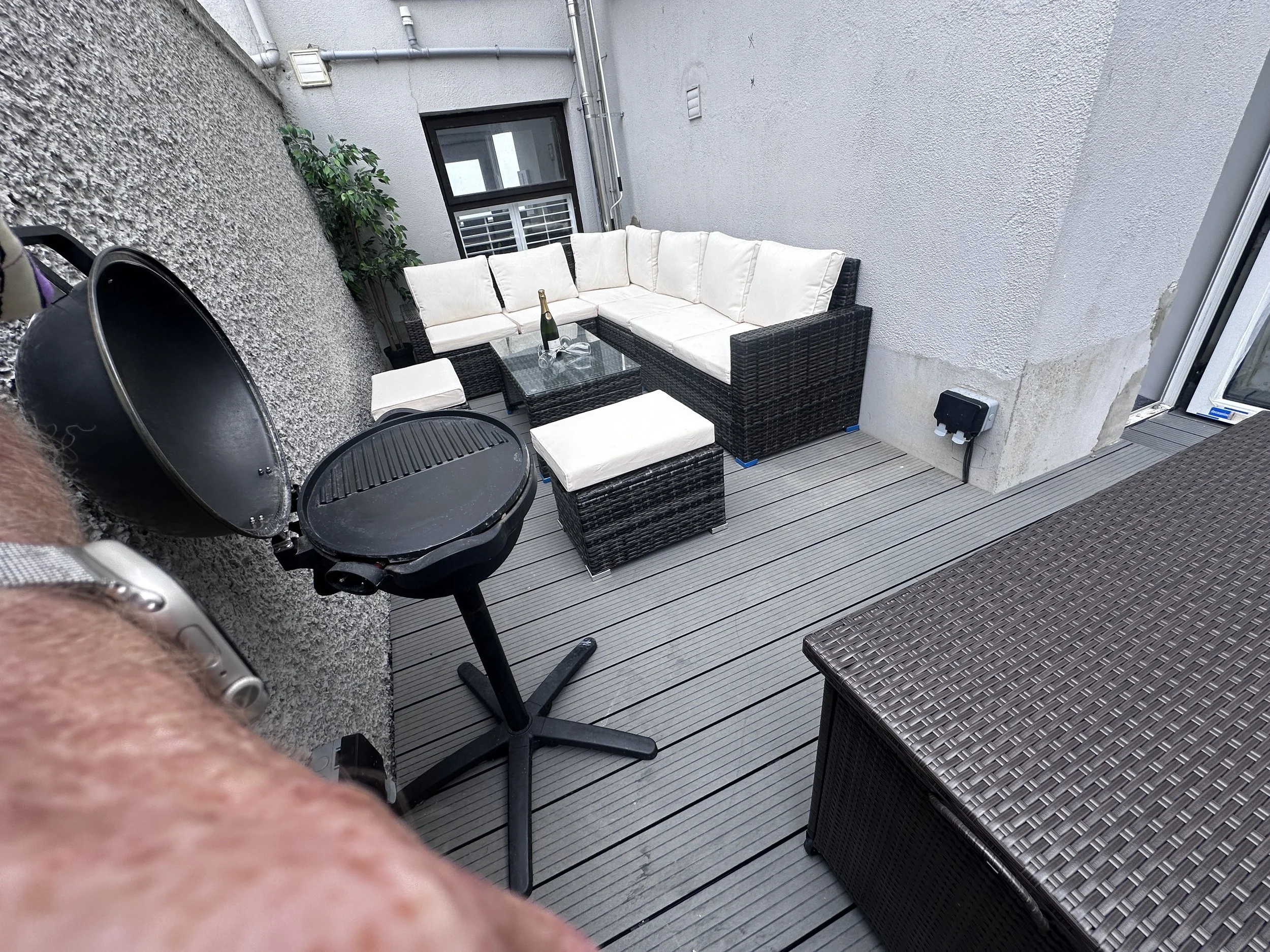 Electric BBQ. Outdoor deck, catches the sun from late morning until late afternoon