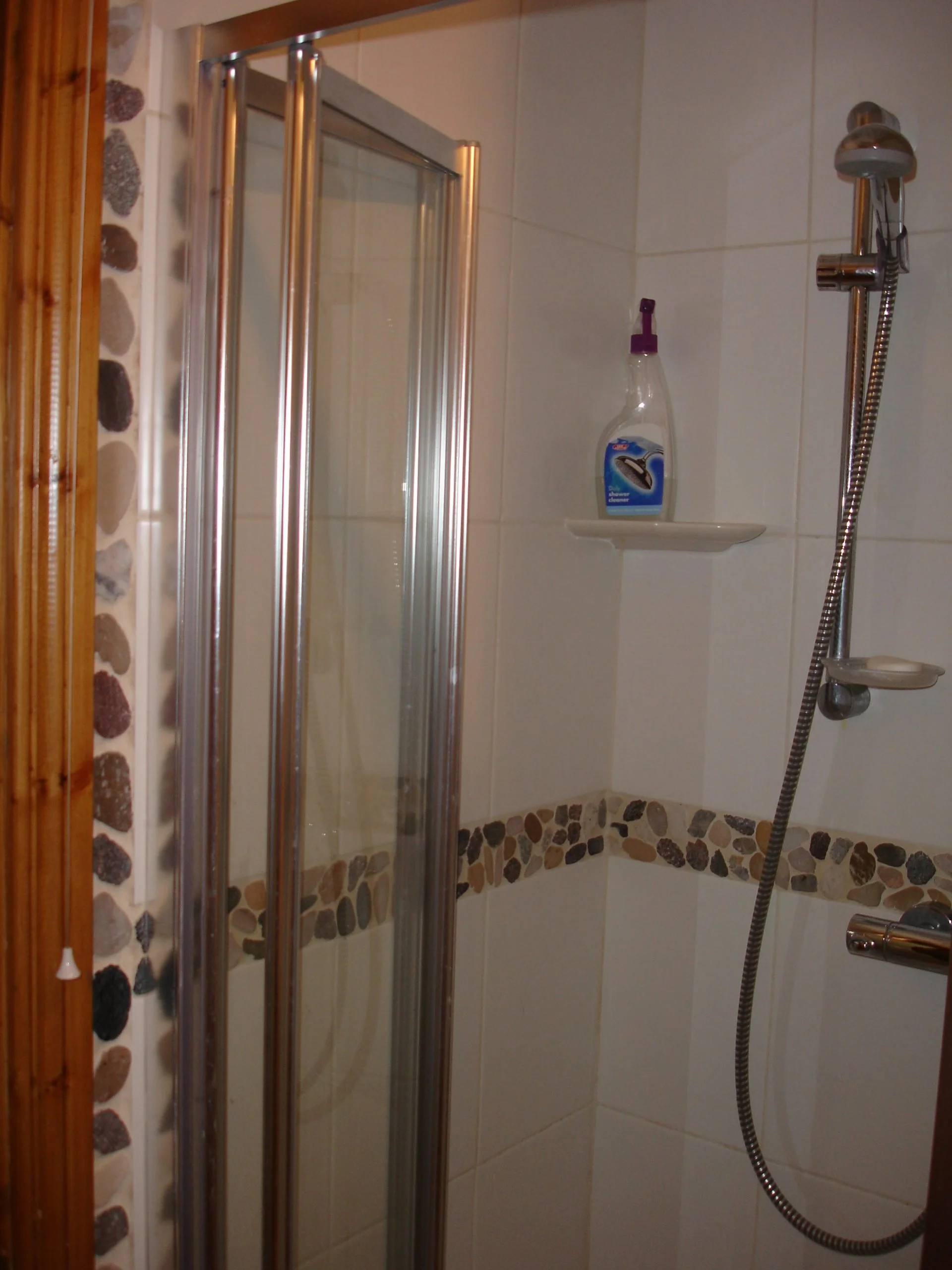 Close-up of a corner shower stall with glass door, pebble-patterned wall tiles, a showerhead, a shelf with a shower cleaner spray bottle, and a wooden door frame.