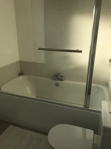 Bathroom with bathtub, glass shower partition, and a toilet in a modern setting.