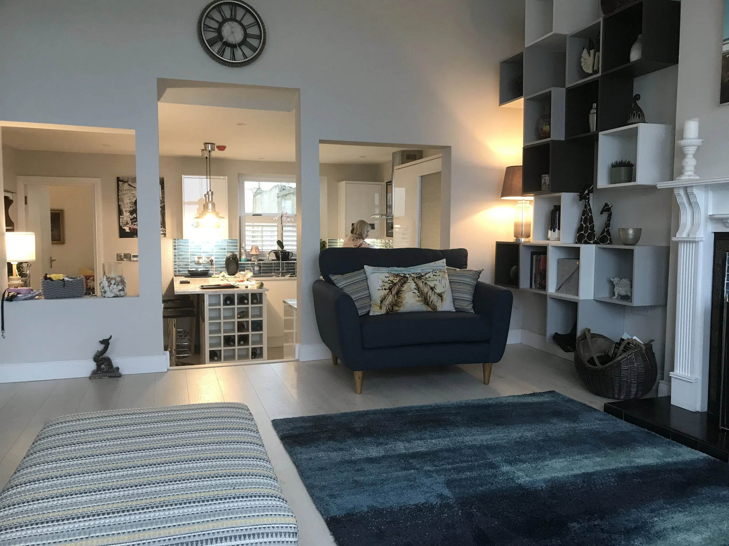 Looking down into the kitchen from the living area