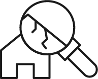 Line drawing of a magnifying glass over a house representing the final walkthrough phase