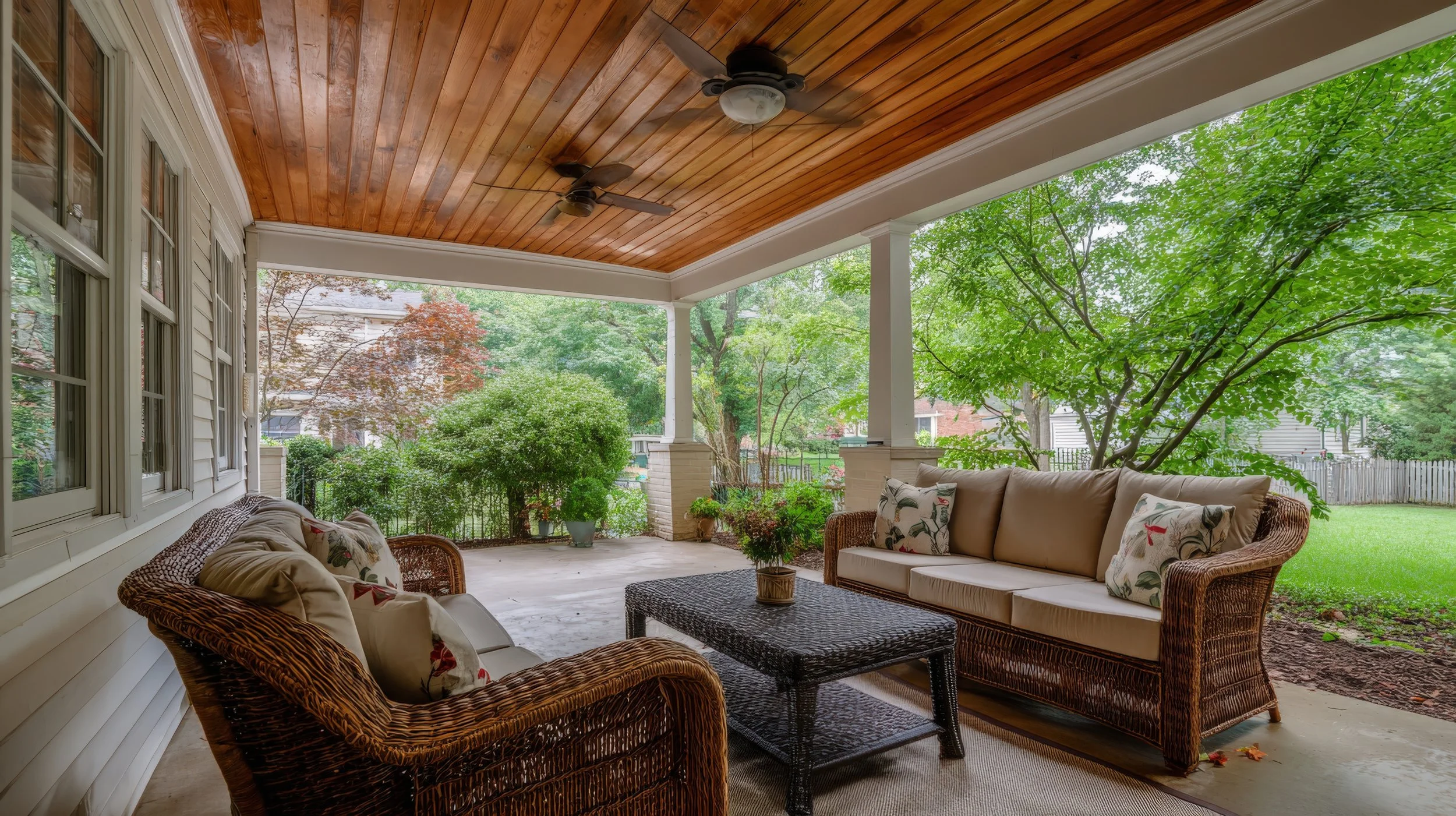 A covered porch with wicker sofas and a coffee table, surrounded by greenery and trees in a backyard.