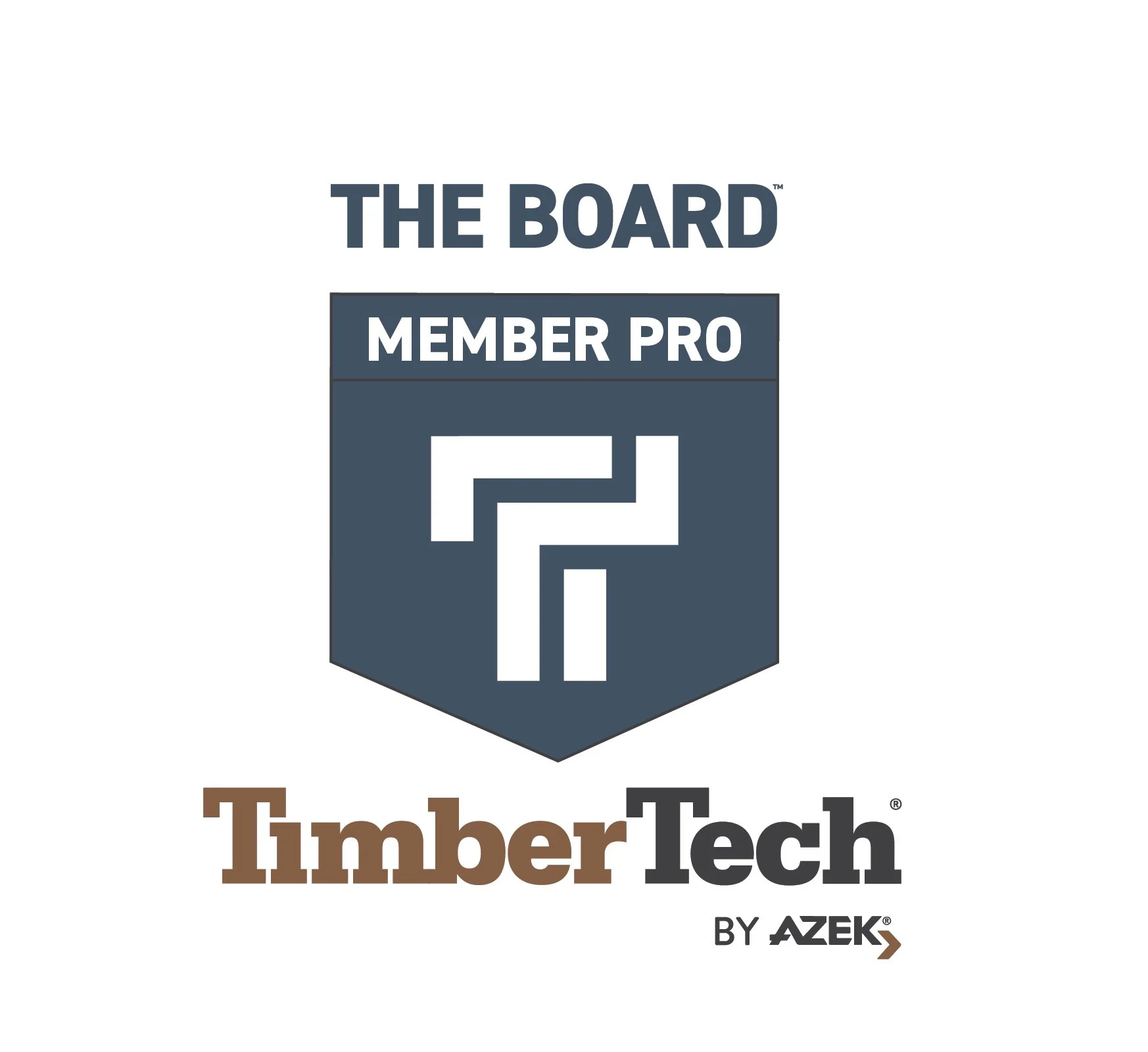 A logo for TimberTech with the text 'THE BOARD,' 'MEMBER PRO,' and a stylized shield emblem featuring the number 2, accompanied by the TimberTech brand name in brown and black, and the phrase 'BY AZEK' underneath.