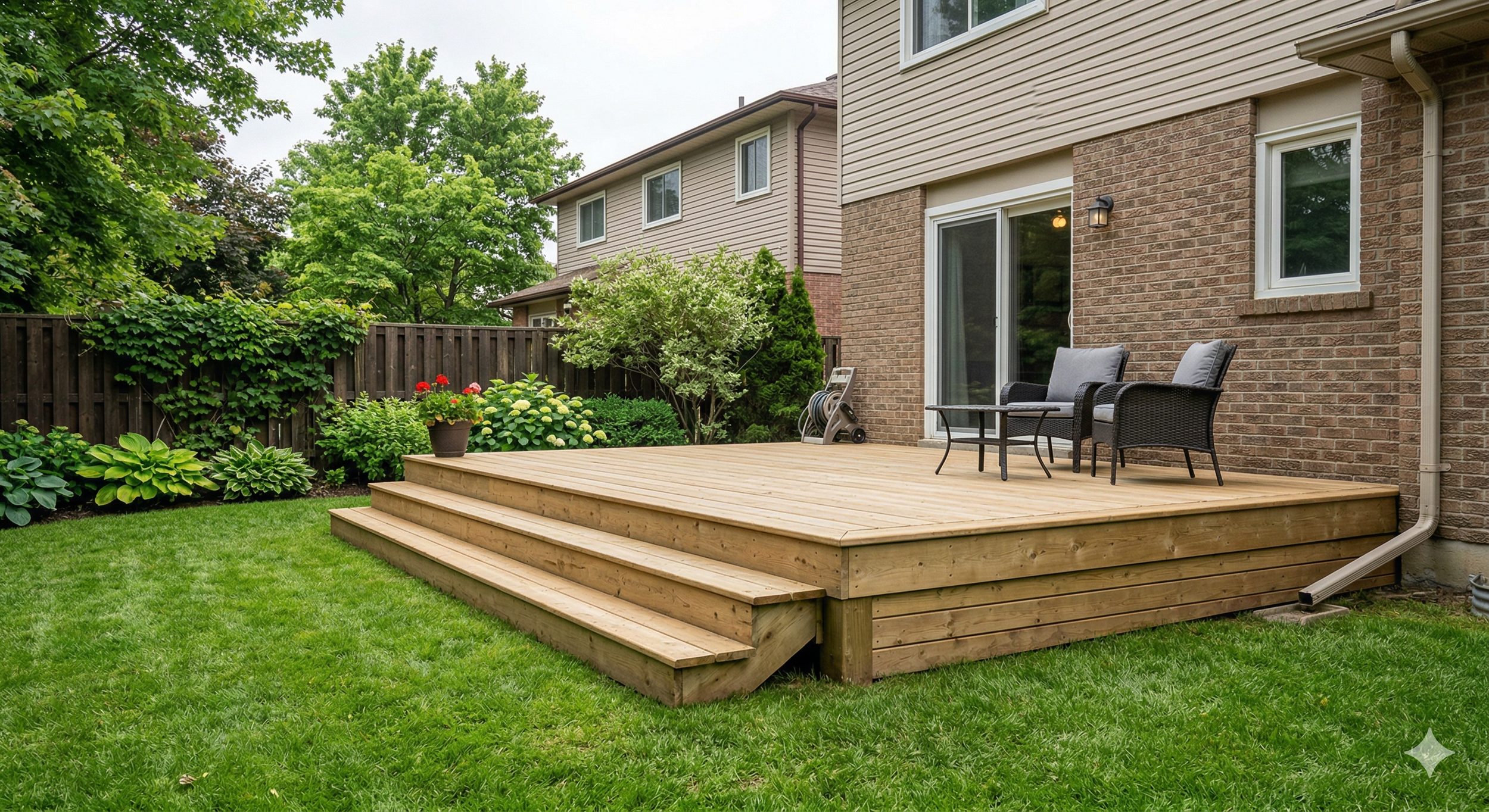 Backyard patio with wooden deck, outdoor seating, potted flowers, garden plants, and green lawn, adjacent to a brick house with sliding glass door.
