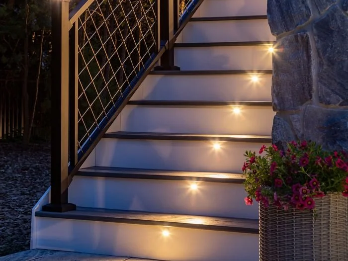 Outdoor staircase with built-in lights illuminating the steps, next to a large stone wall and a potted plant with pink and purple flowers.