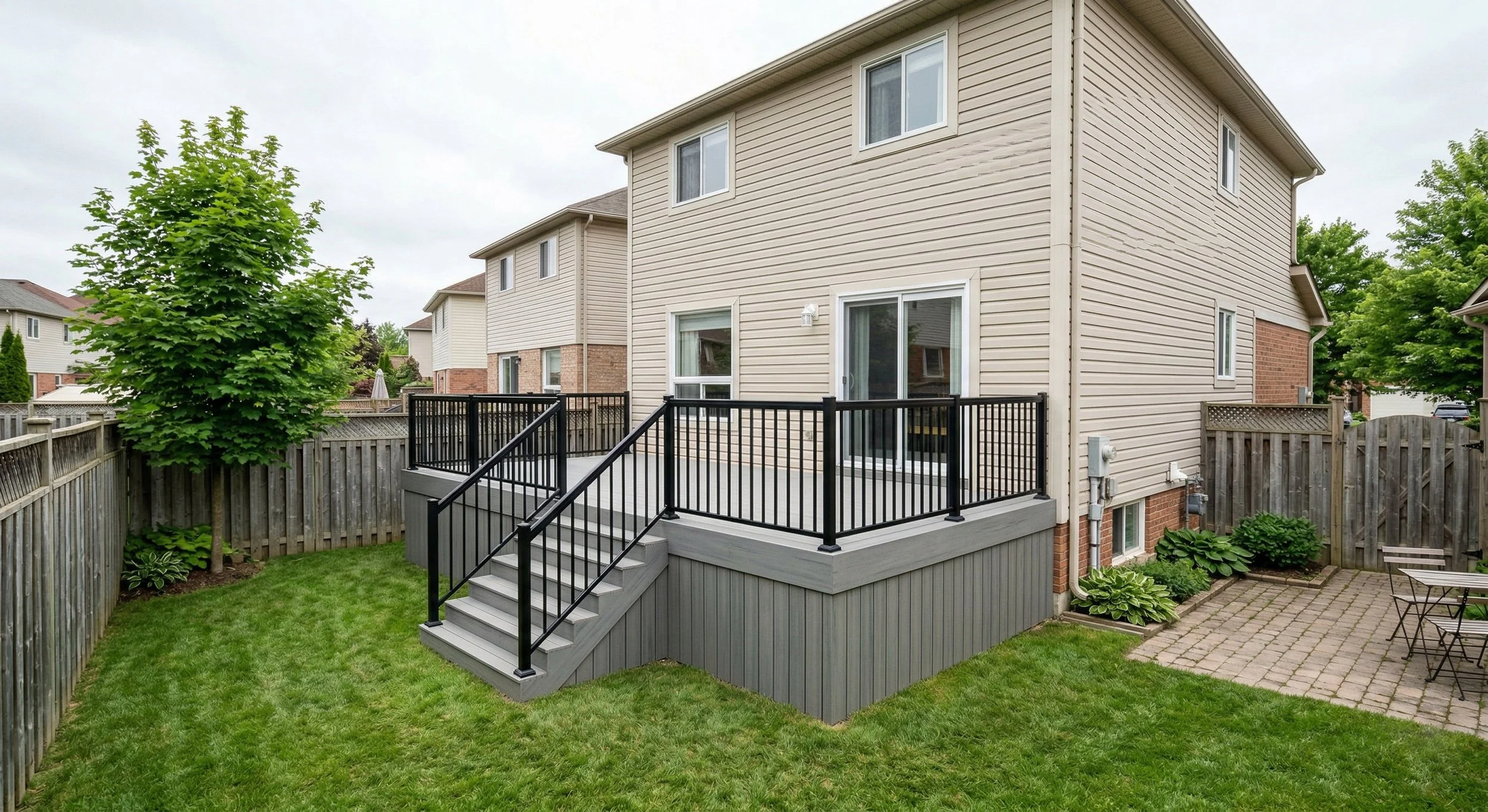 Backyard with a raised deck with black railing, a set of stairs, green lawn, and a small paved patio with outdoor furniture, surrounded by a wooden fence.