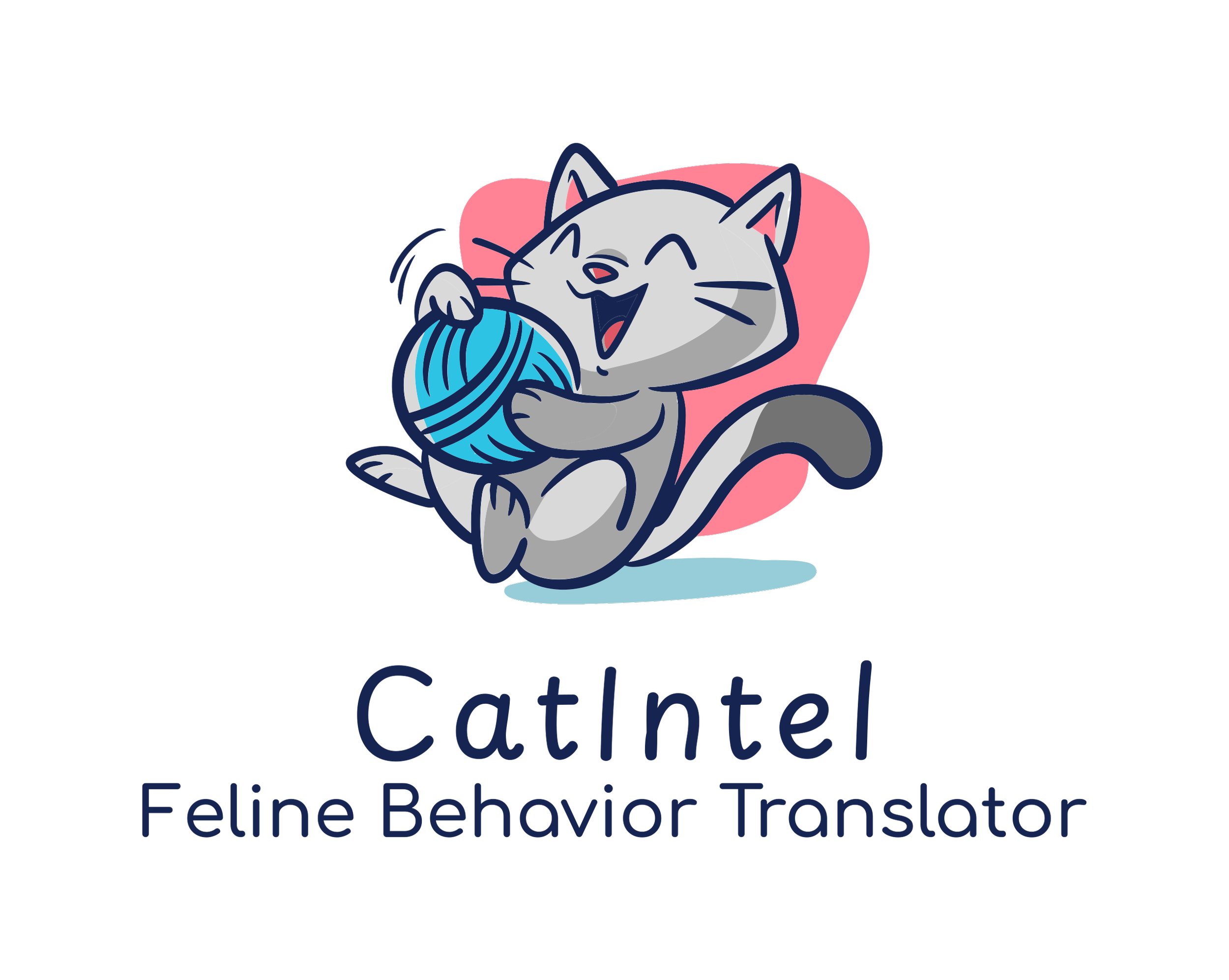 A cartoon gray cat sitting on a pink cushion, holding a ball of blue yarn with a happy expression. The text below reads "CatIntel Feline Behavior Translator."