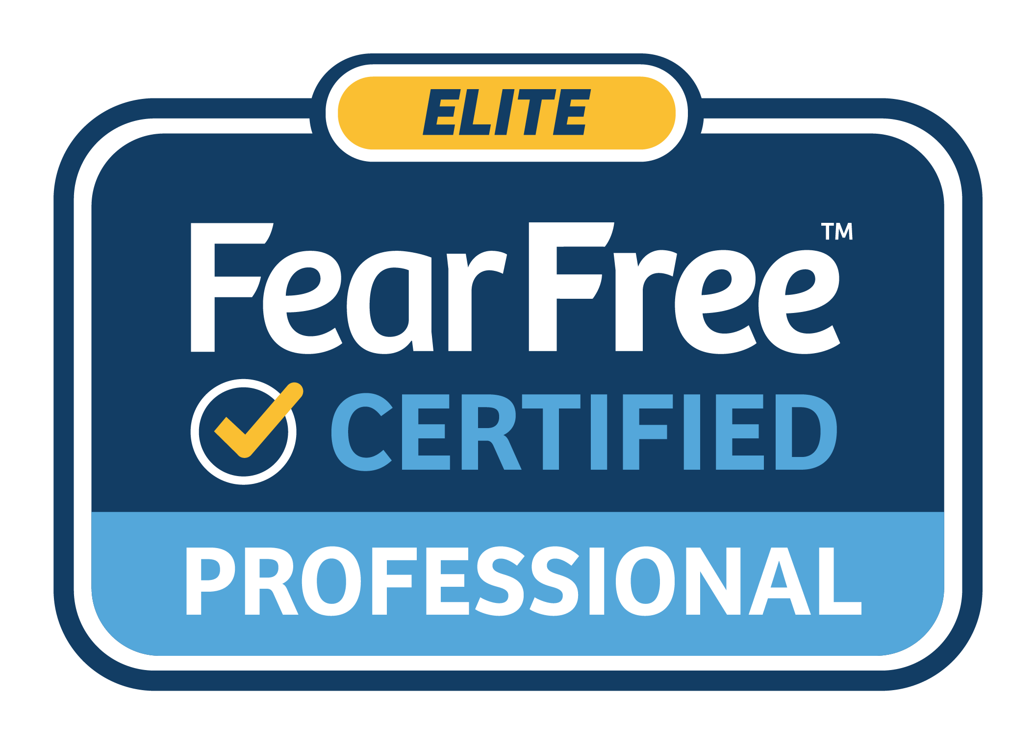 Badge with blue background, yellow and white accents, labeled 'Elite Fear Free Certified Professional'.