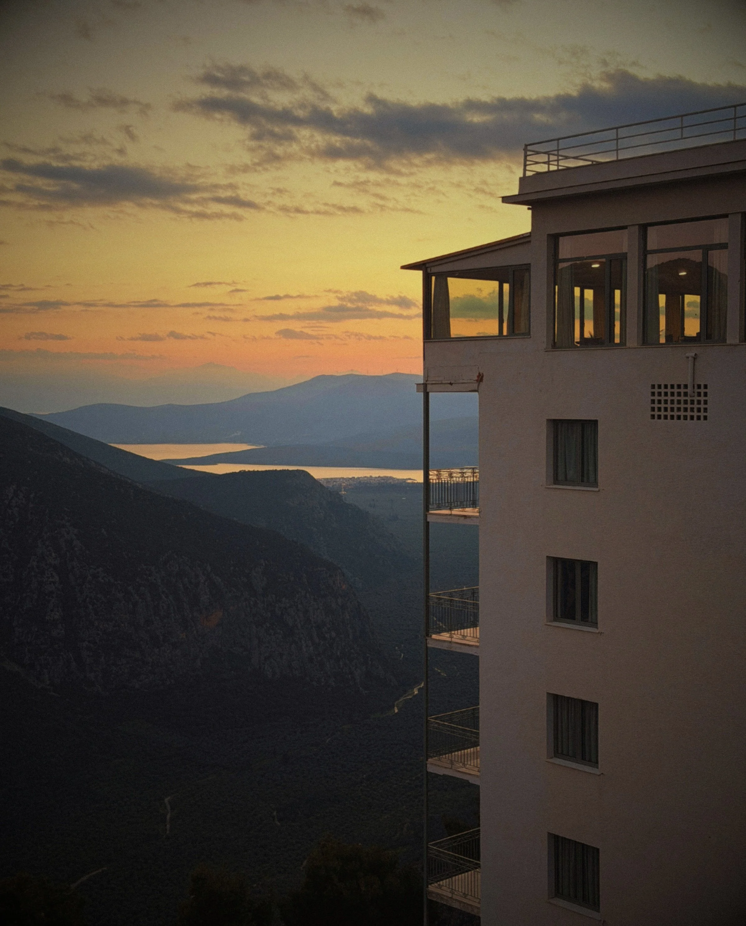 Delphi hotel at sunset, layered mountains.jpg