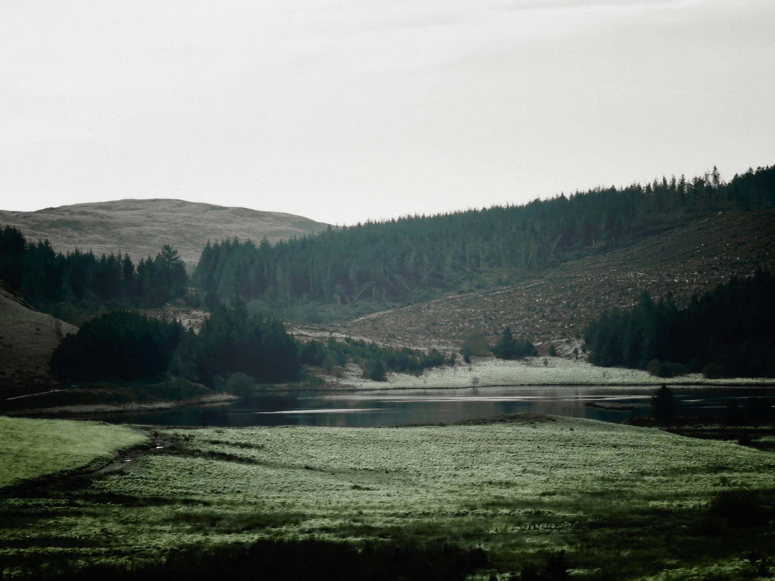 A landscape with a lake surrounded by green fields and forested hills under a cloudy sky.