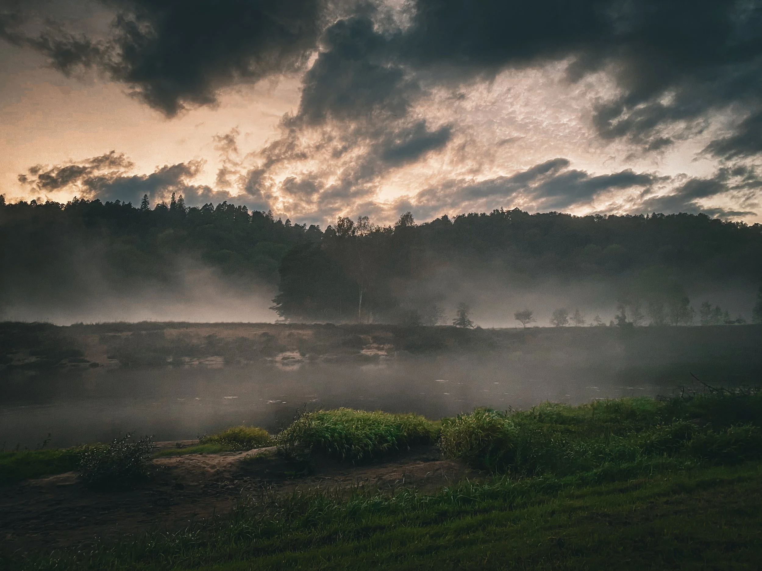A misty landscape with a body of water in the foreground, surrounded by green grass and plants. In the background, there are forested hills under a cloudy sky with some sunlight breaking through.