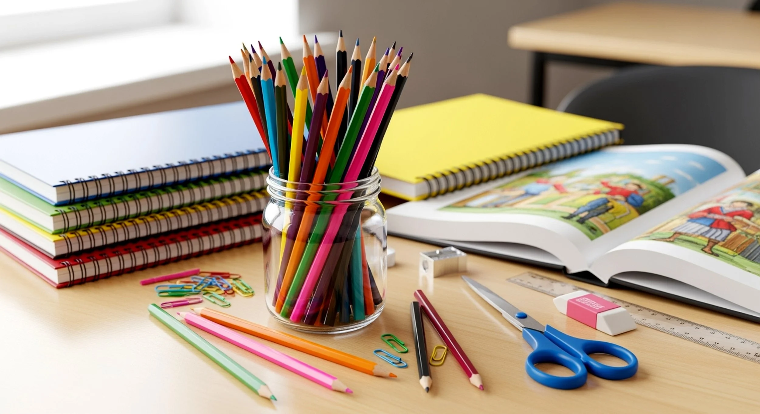 School supplies on a desk including colored pencils in a glass jar, notebooks, an open children's book, scissors, eraser, ruler, paper clips, and a pencil.