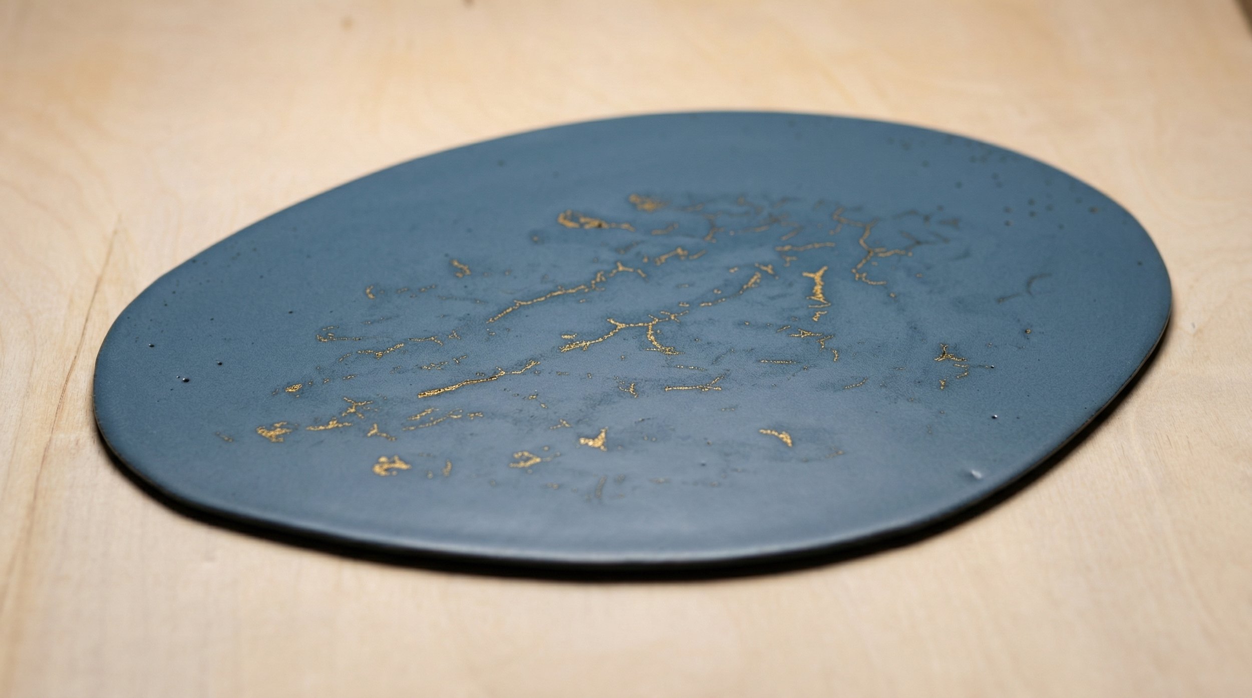 A blue oval ceramic plate with a gold marbled pattern on a light wooden surface.