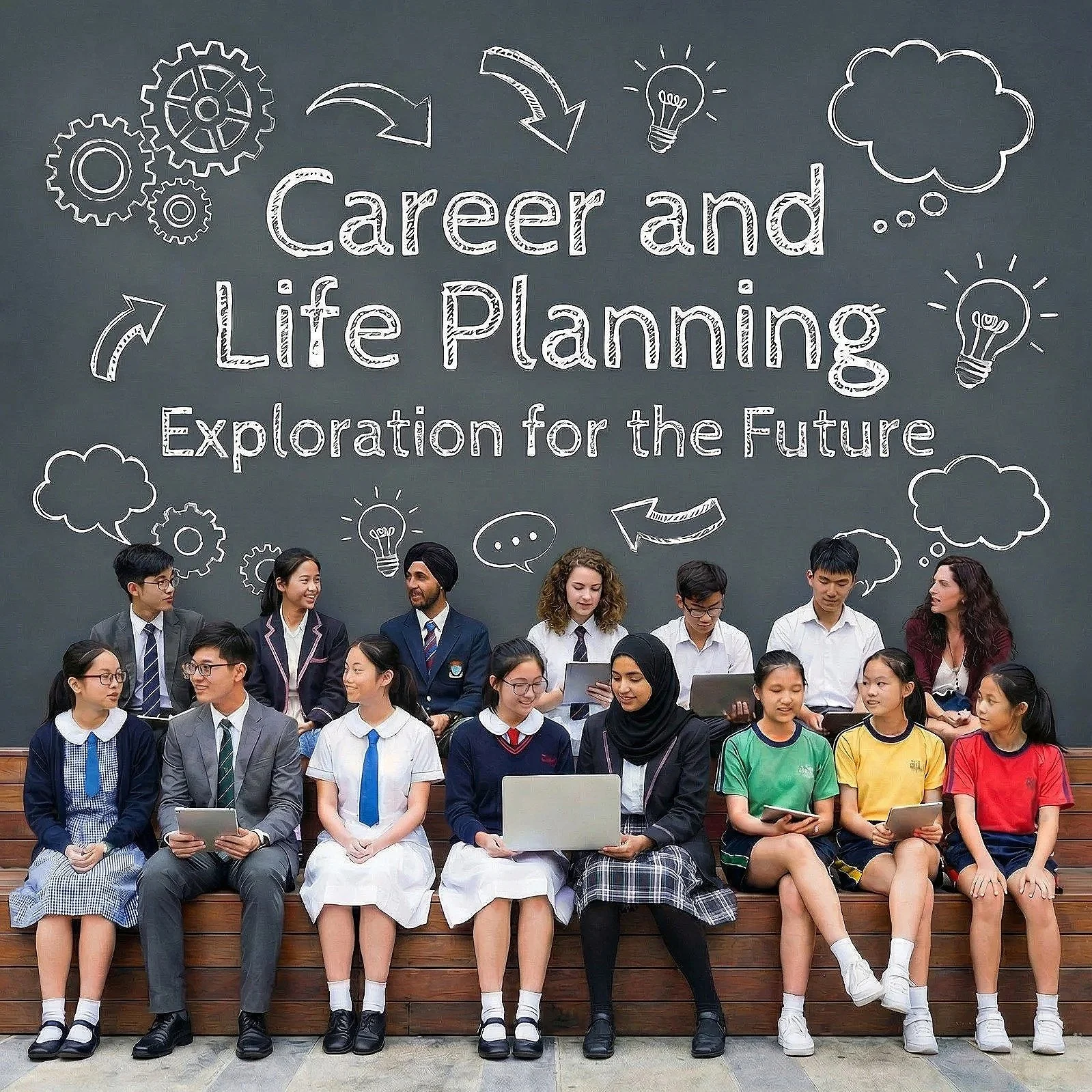 Group of diverse students and teachers sitting and standing in front of a chalkboard with the text 'Career and Life Planning Exploration for the Future' and doodles of gears, light bulbs, arrows, clouds, and speech bubbles.