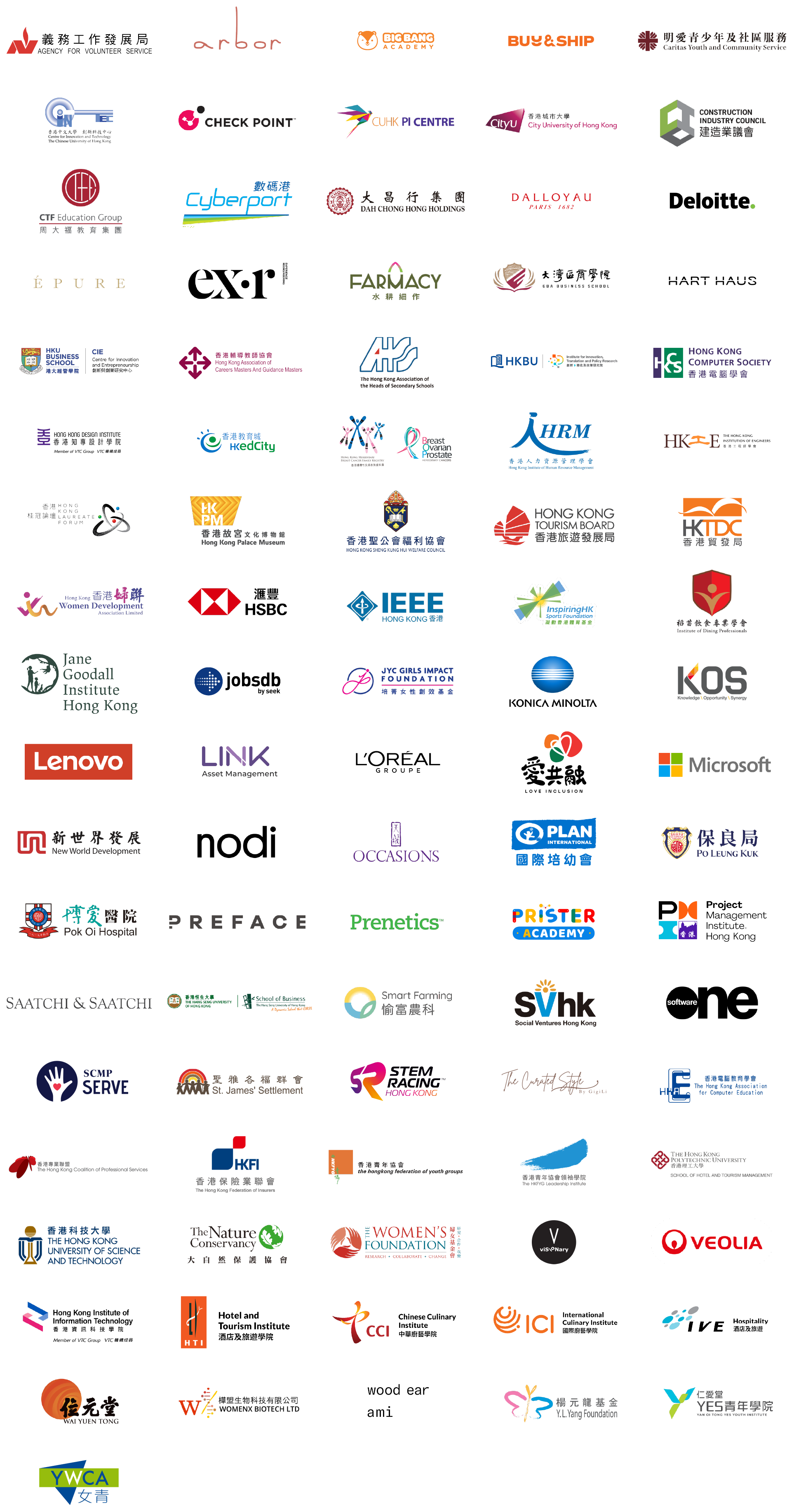 A colorful infographic representing various organizations and institutions related to Hong Kong, including technology, education, government, and commercial entities.