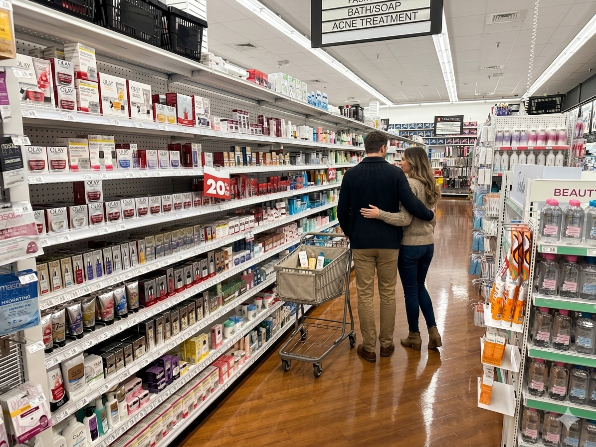A couple shopping in the skincare aisle of a store, with the man facing away and the woman facing towards him, wearing a beige sweater and blue jeans, surrounded by shelves stocked with various skincare products.