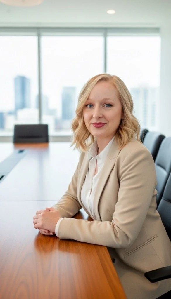 A woman with blonde hair and a beige blazer sitting at a conference table in a modern office with large windows and a city skyline in the background.