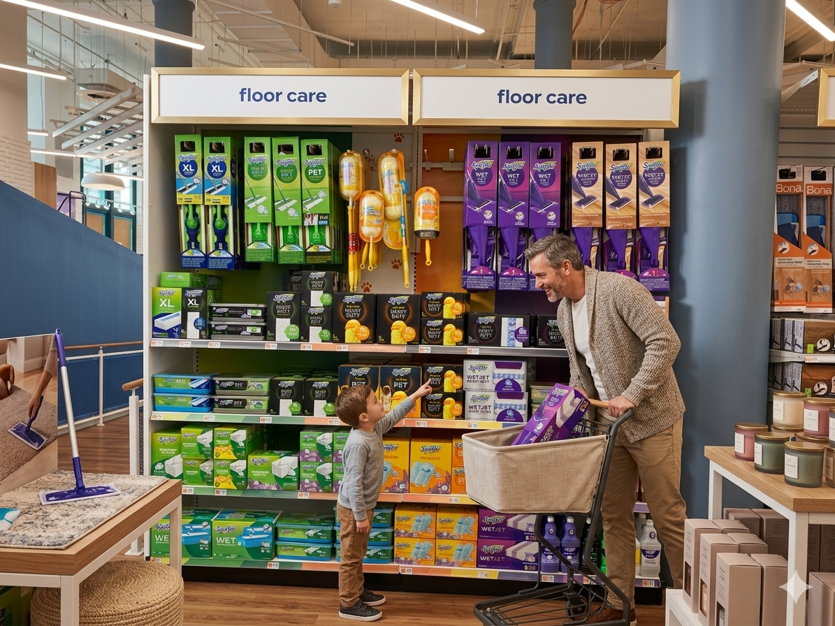 A man and a young boy shopping for cleaning supplies at a store. The boy is pointing at a product on the shelf, and the man is pushing a shopping cart filled with cleaning products. The shelf is labeled "floor care" and displays various cleaning tools and products.