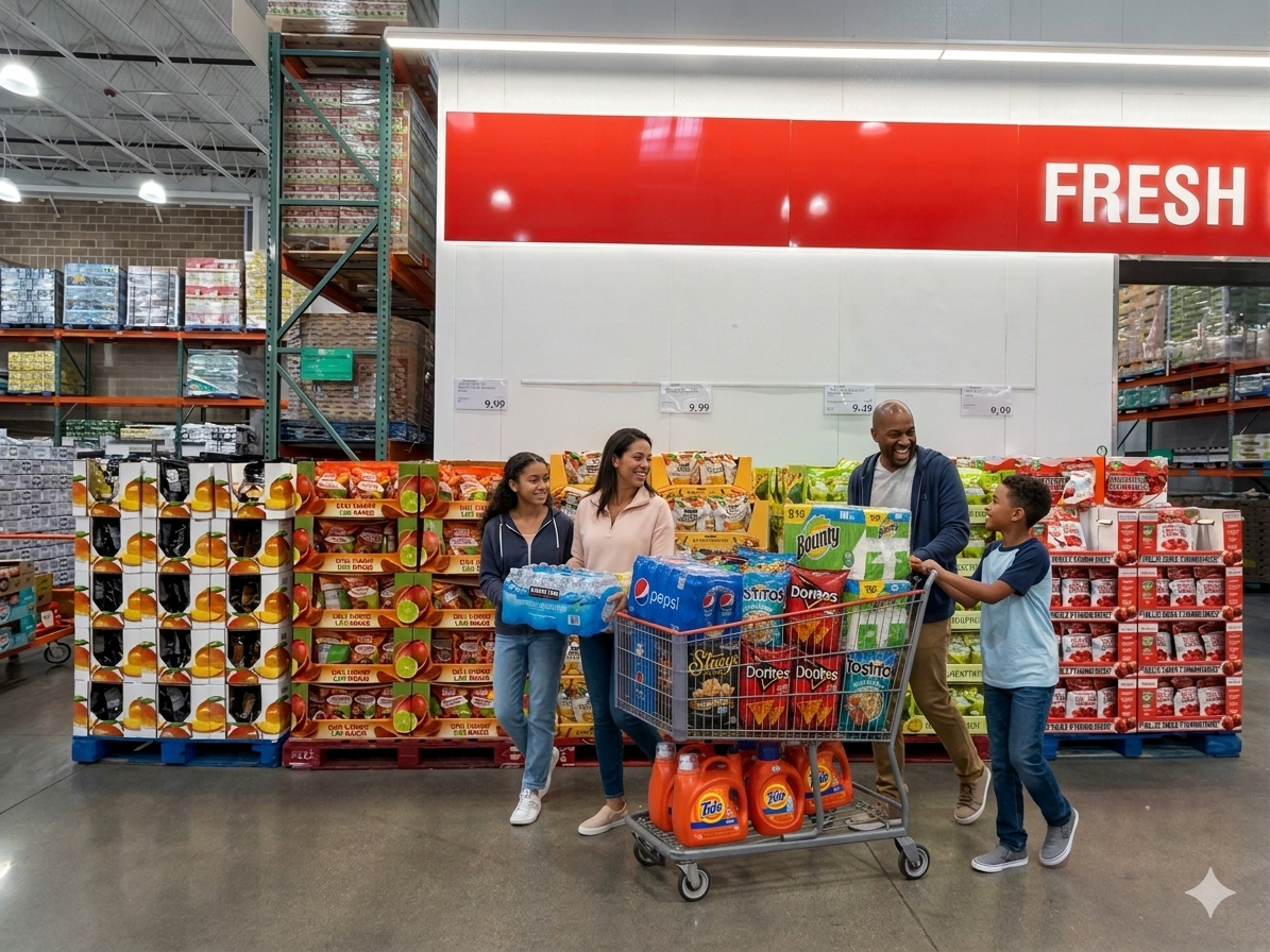 A family shopping in a grocery store, standing in front of shelves filled with food items, with a shopping cart containing various snacks and drinks, smiling and enjoying their shopping trip.