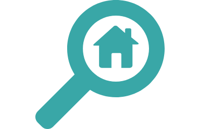 Magnifying glass with a house inside, symbolizing real estate or property search.