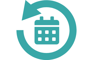 A teal icon of a calendar with a curved arrow around it, indicating scheduling or planning.