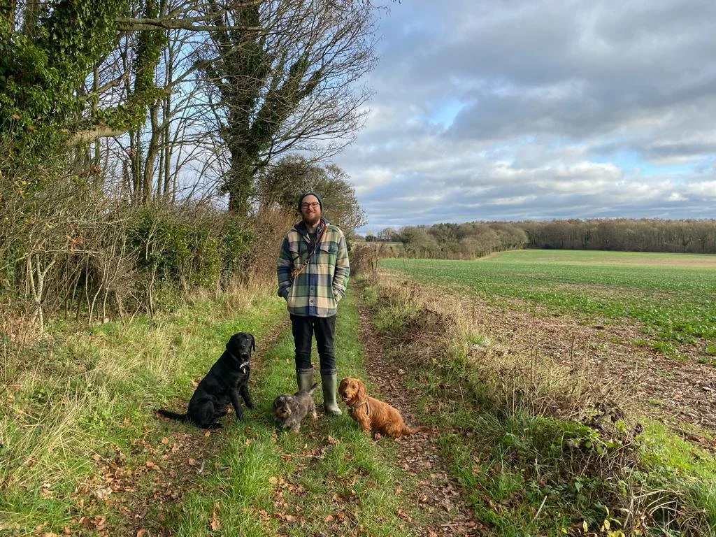 A man standing on a grassy trail in a rural area with three dogs: a black dog, a small gray dog, and a brown dog. The landscape includes fields and trees under a partly cloudy sky.