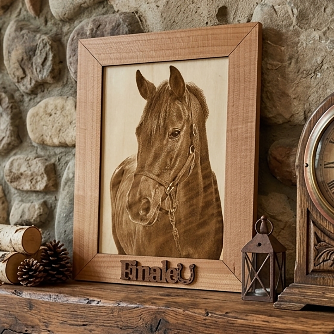 Framed laser-engraved portrait of a horse displayed on a fireplace mantel.