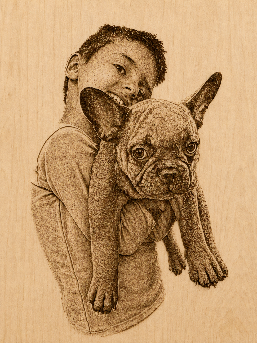 Unframed laser-engraved wooden portrait of a boy holding his dog.