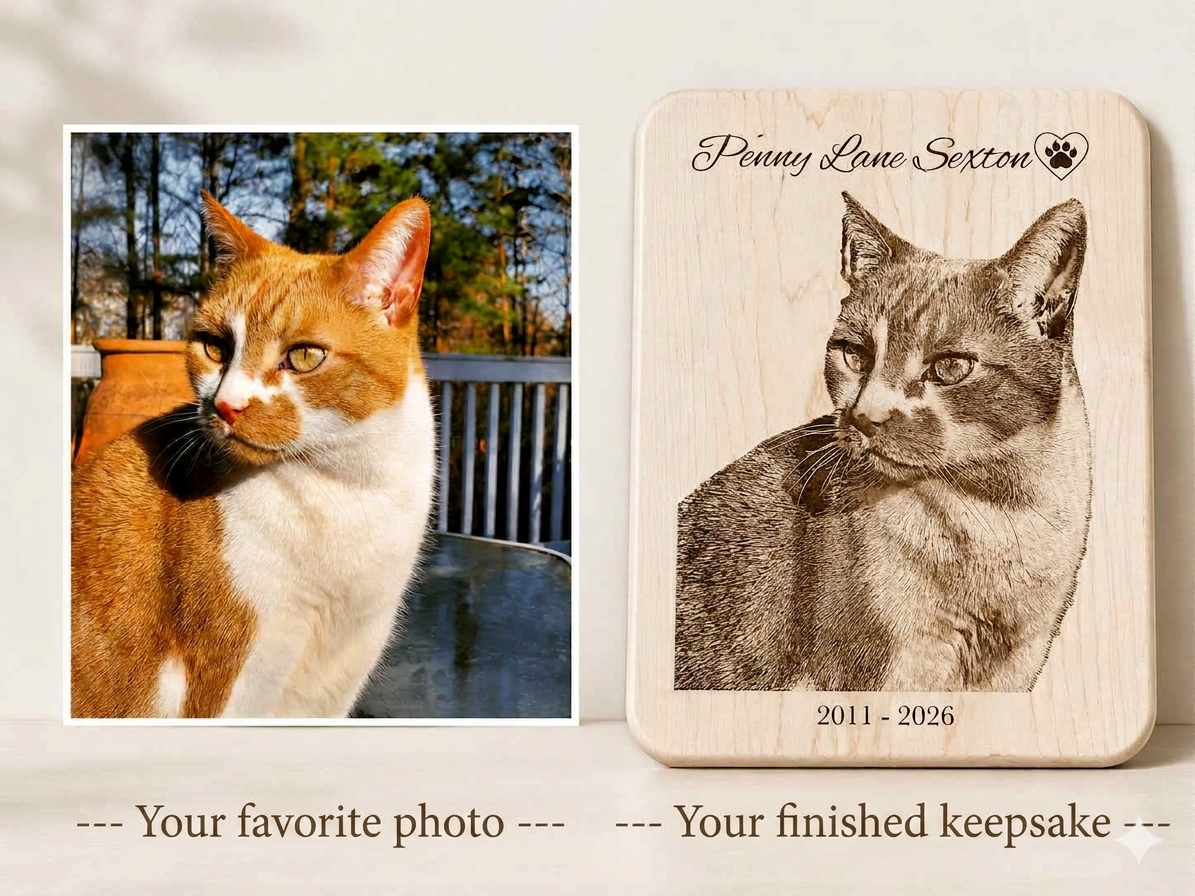 Side-by-side comparison of Penny the cat’s original photograph and finished laser-engraved wooden portrait.