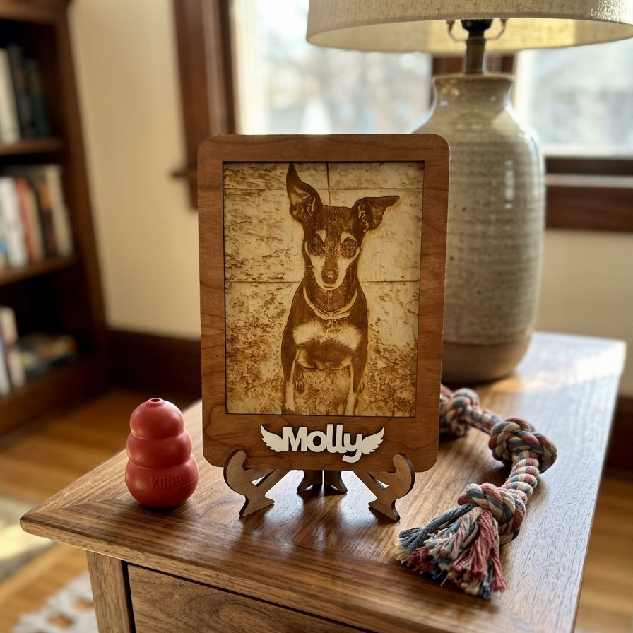 Custom laser-engraved pet portrait displayed in a handcrafted wooden frame.