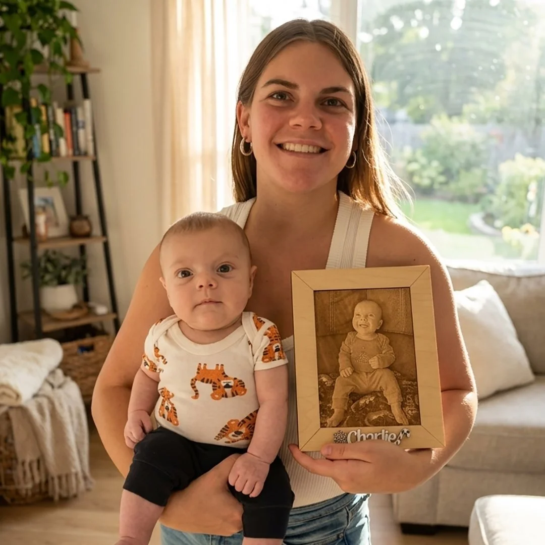 Mother holding her infant son beside a framed laser-engraved portrait of the child.