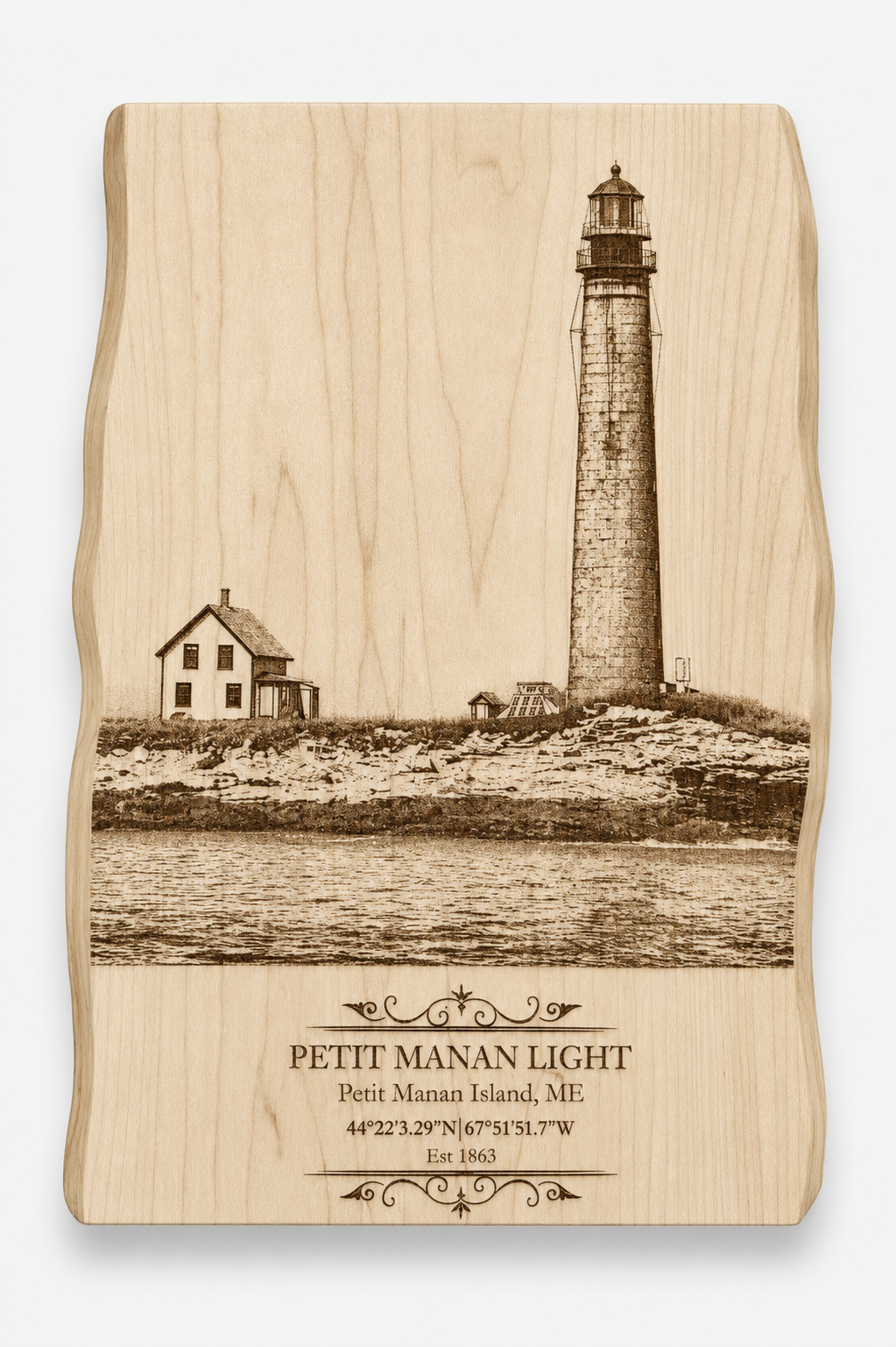 Laser-engraved lighthouse scene on maple hardwood.