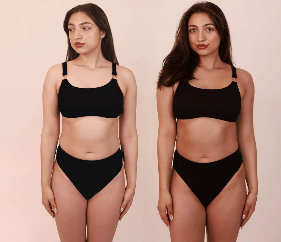 Two women standing side by side in black underwear against a plain beige background, showing a before and after physique transformation.