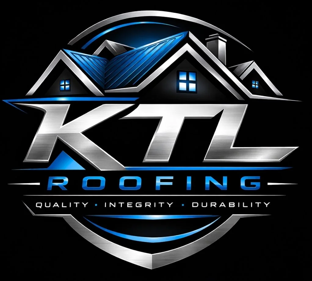 Logo for KTL Roofing featuring a stylized house with blue and silver roofing elements and the words "KTL Roofing" with the tagline "Quality, Integrity, Durability."