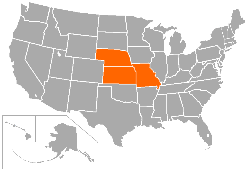Map of the United States highlighting states in orange.
