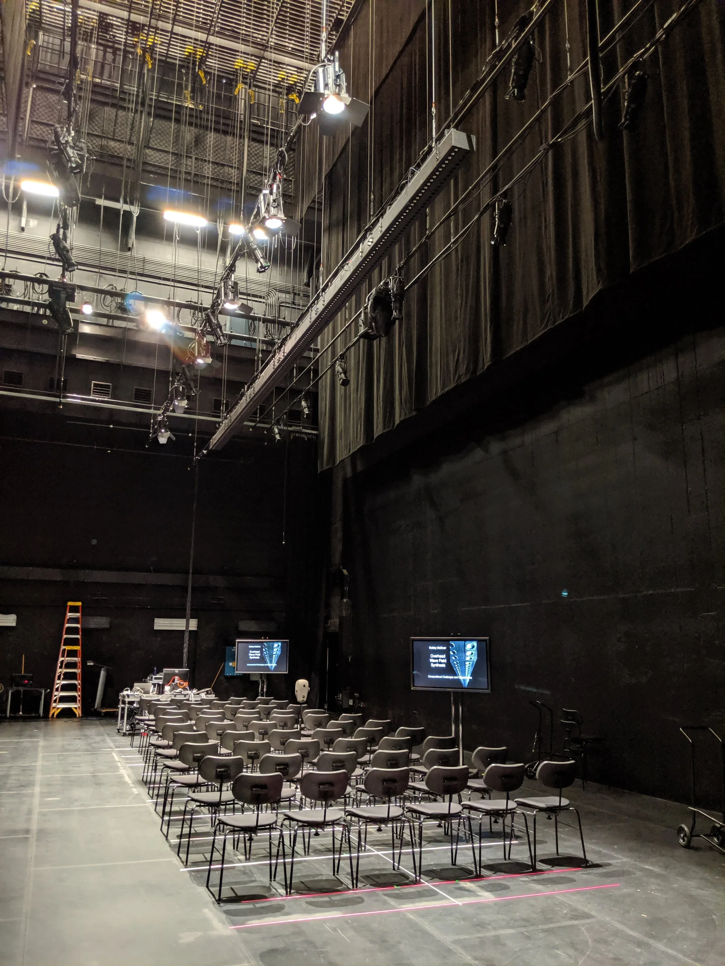 Wave Field Synthesis at EMPAC, 2019: Overhead loudspeaker array demonstration at EMPAC, Troy, New York.