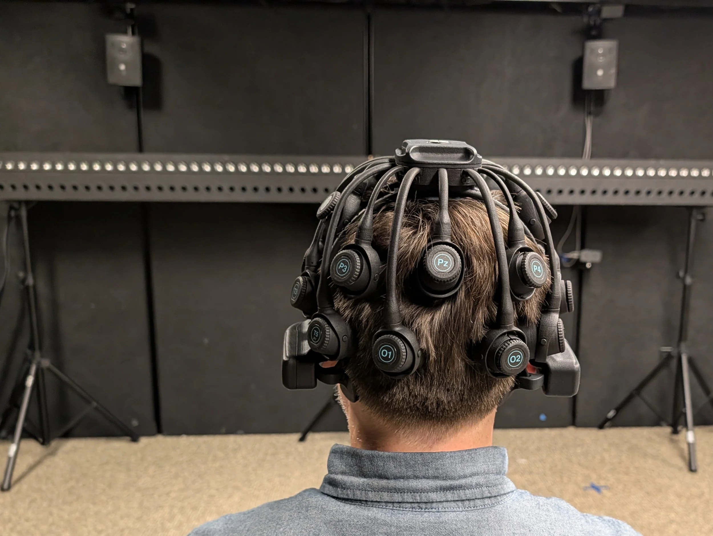 The Known and Unknown Mind (development): Bobby McElver testing an EEG headset during the development of The Known and Unknown Mind.