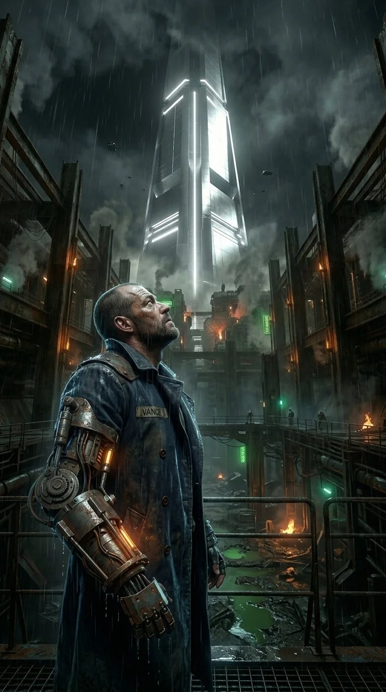 A futuristic scene featuring a man in a rainy, dystopian cityscape, with a large towering skyscraper illuminated in the background and pollution or smog in the air.