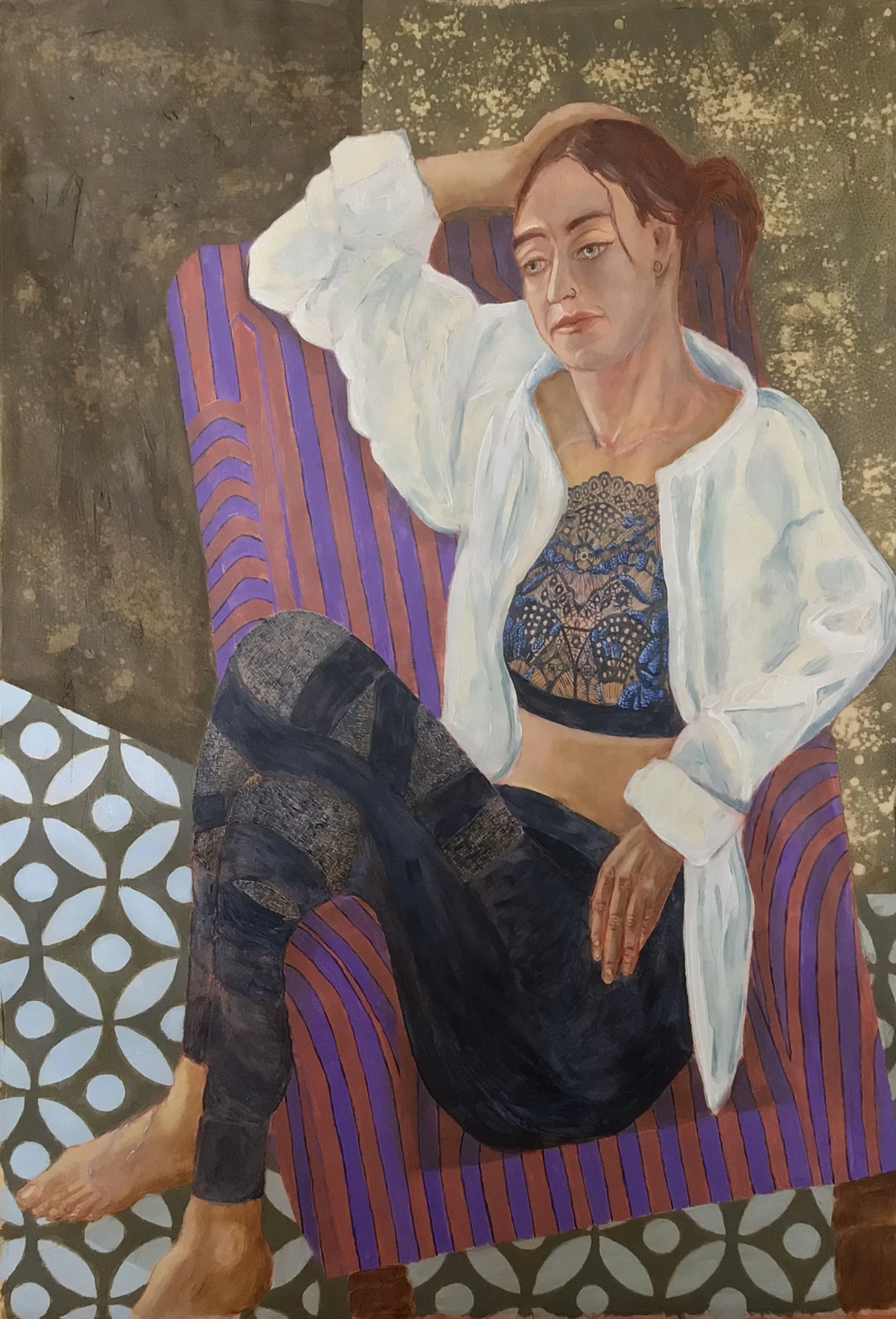 Seated model with white blouse