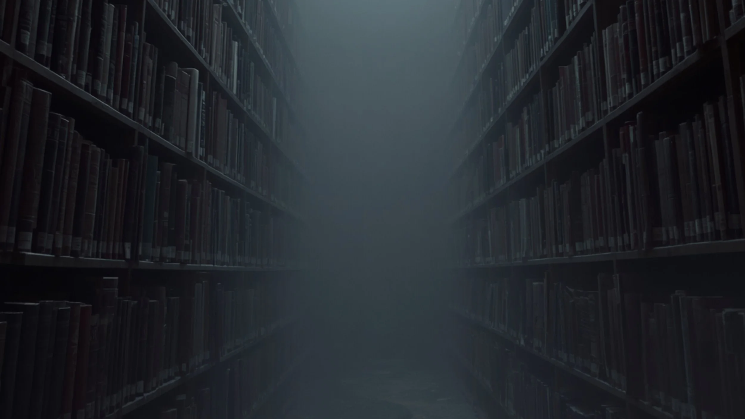 A dark library aisle with tall bookshelves on either side, fading into misty fog in the distance.