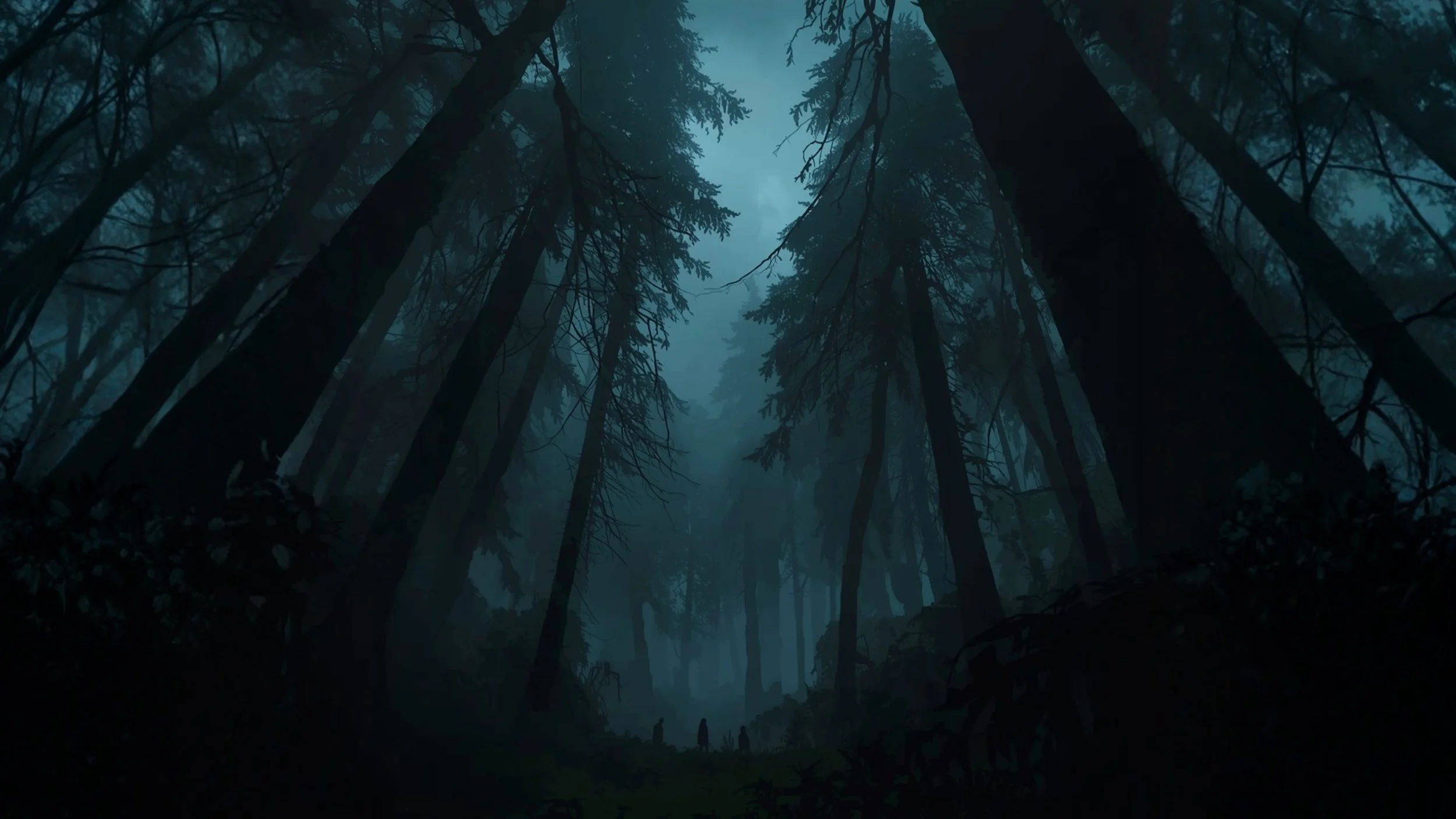 Dark, dense forest with towering trees and misty atmosphere, silhouettes of small figures in the distance.