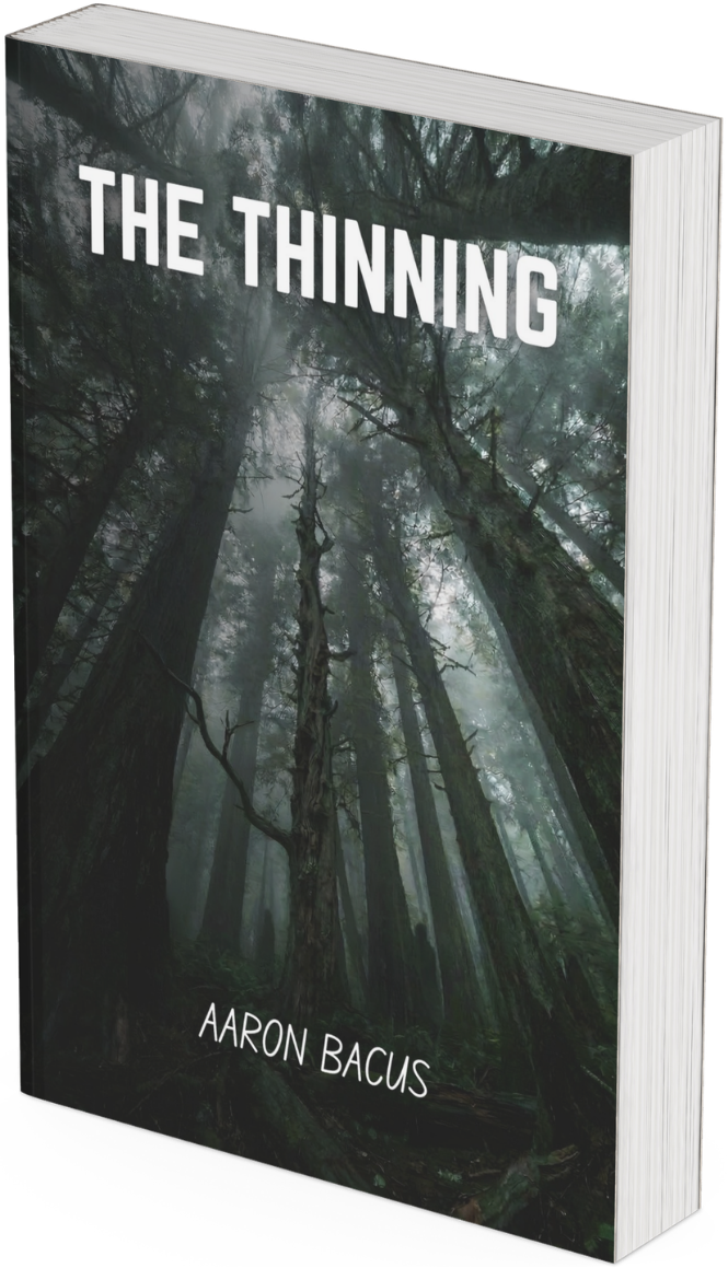 Book titled "The Thinning" by Aaron Bacus featuring a foggy forest scene with tall trees and dense greenery.