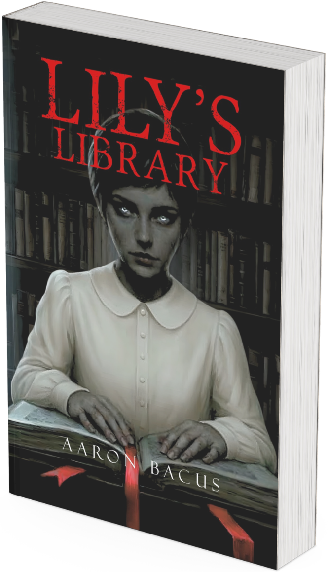 A book titled "Lily's Library" by Aaron Bacus features a black-and-white illustration of a young girl with short dark hair and intense eyes, wearing a white blouse, sitting at a library table with an open book.