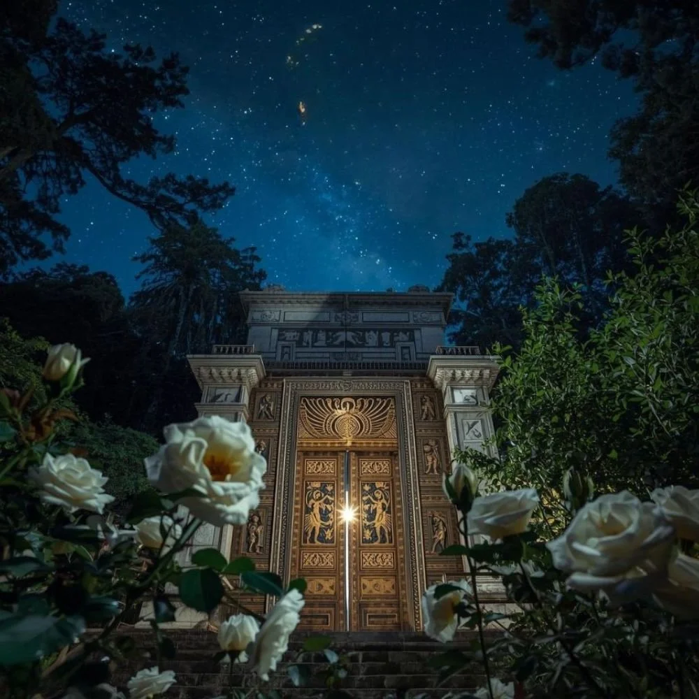 Nighttime view of ornate doorway with gold details, surrounded by white roses and lush green bushes, with a starry sky overhead.
