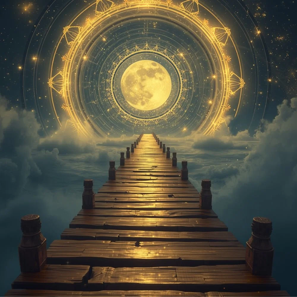 A wooden pier extending into the sky with clouds, leading to a large glowing full moon surrounded by elaborate golden magical rings and symbols, creating a surreal, mystical scene.