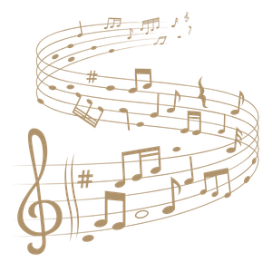 Decorative musical staff with notes forming a spiral pattern.